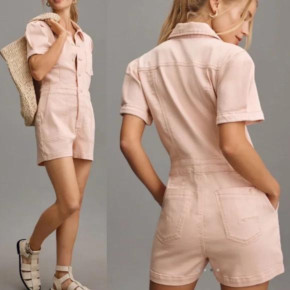 Pilcro X Anthropologie The Kit Utility Romper Pink Rose Denim Blush Coverall